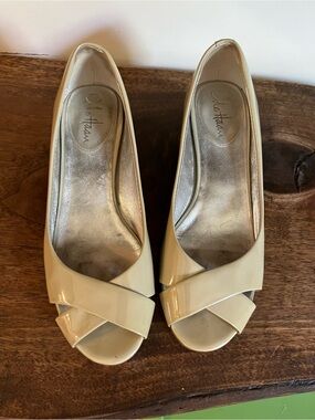 Cole Haan Patent Peep-Toe Wedge Pumps in Nude [7]